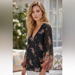 CAbi Women’s Blooming Blouse Floral Semi Sheer